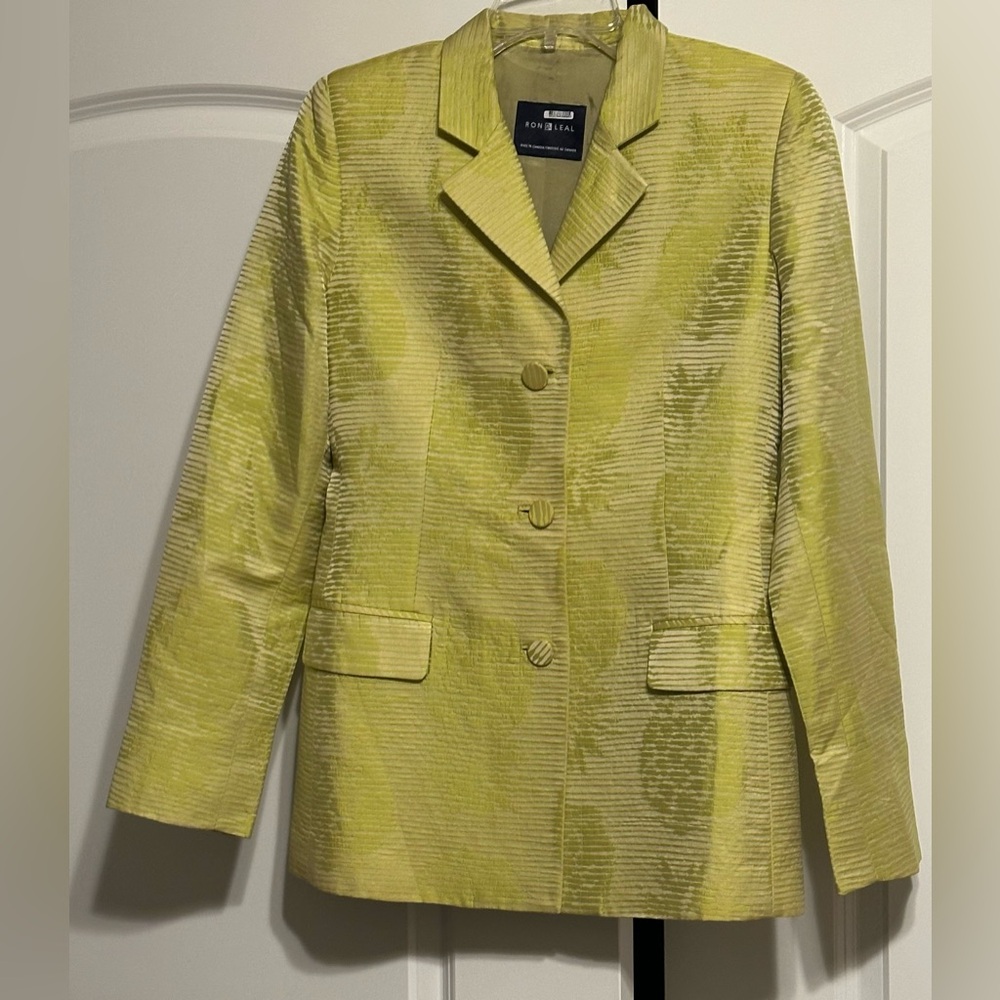 RON LEAL Designer Blazer- Gorgeous Neon Lemon Green W/Pineapple Designs!  Size 8